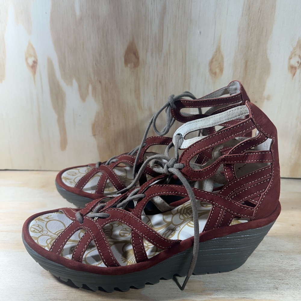Fly London Yuke Burnt Orange Wedge Lace-Up Sandals Women’s Size 6.5